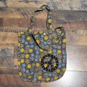 Smiley Peace Sign Tote Bag - Brown and Blue
